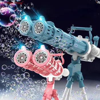 2022 Electric Gatling Bubble Machine 20 Holes Dual tube Automatic Blowing Bubble Toys LED Gatling Bubble Gun Summer Kid toy AC68