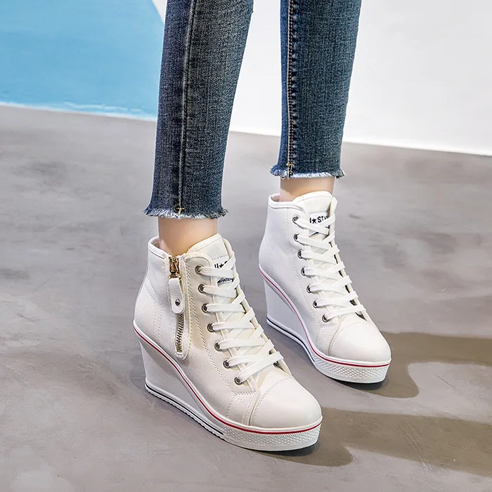 8CM Wedge Canvas Shoes Woman Platform Vulcanized Shoes Hidden Heel