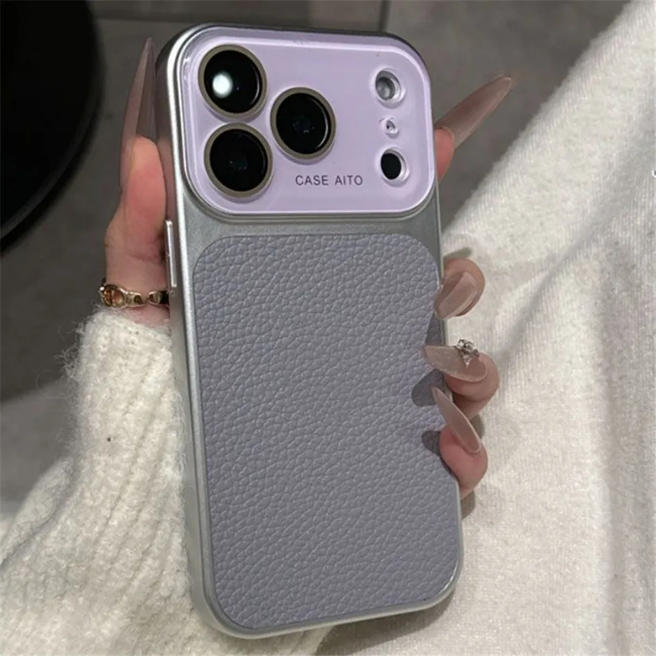 Deluxe Lychee Leather Textured Phone Case with Lens Protection and Shockproof Bumper