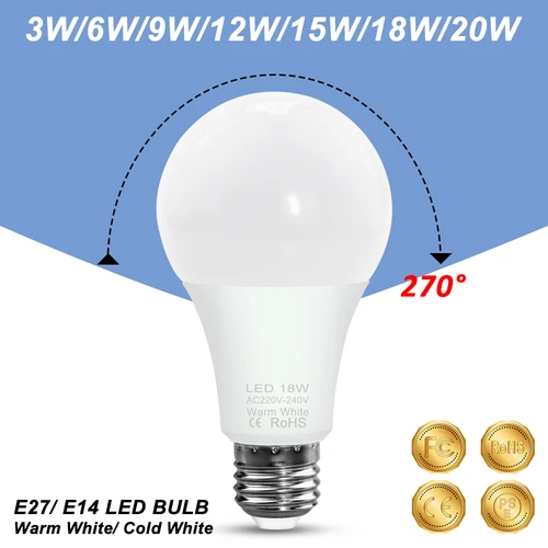 거실용 에너지 절약 LED 전구, E27 램프, E14 램프, 220V, 3W, 6W, 9W, 12W, 15W, 18W, 20W 3