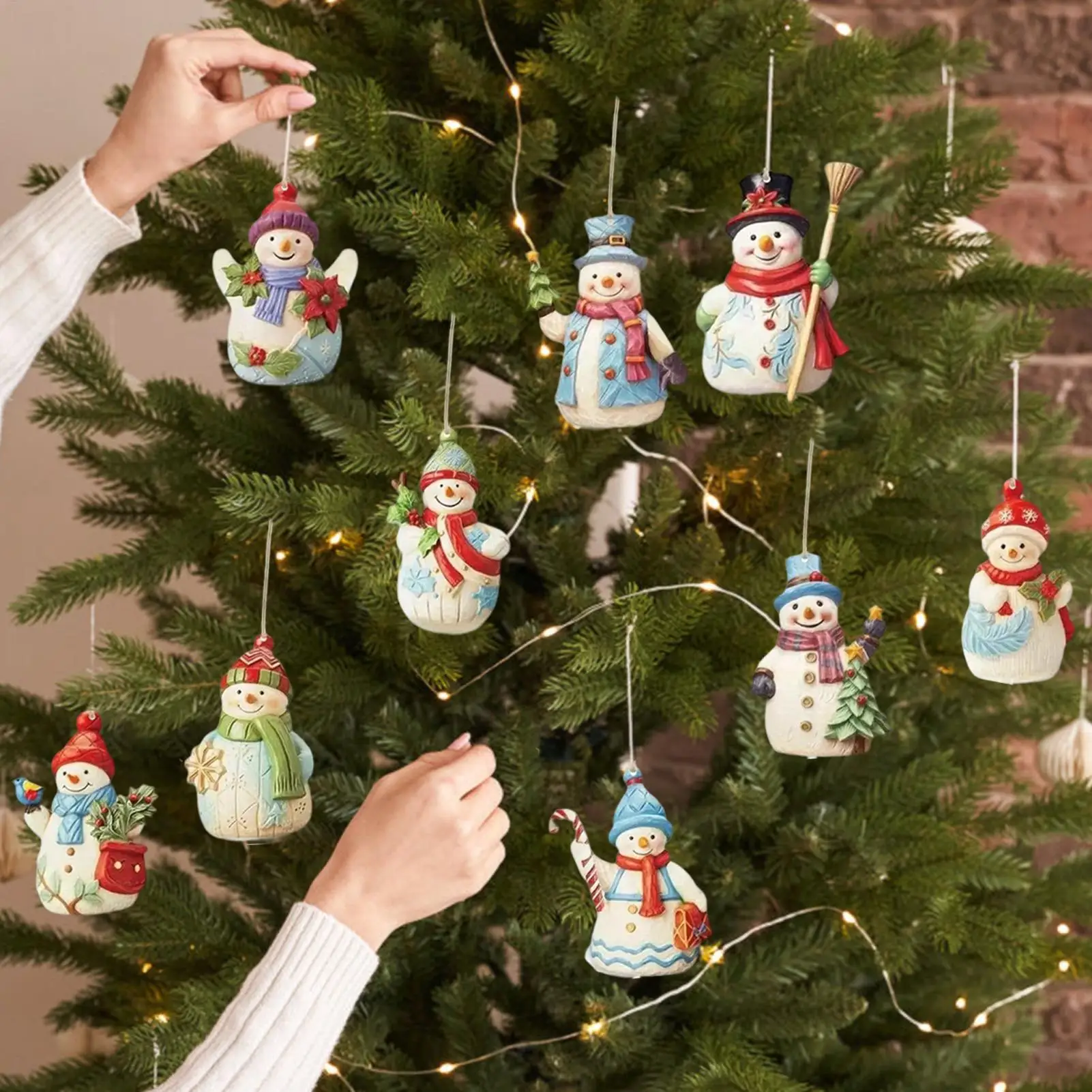 9pcs/set Snowman Ornaments Christmas Hanging Decor Wooden Snowman Set for Tree Window Wall Home Decor, Holiday Decorations