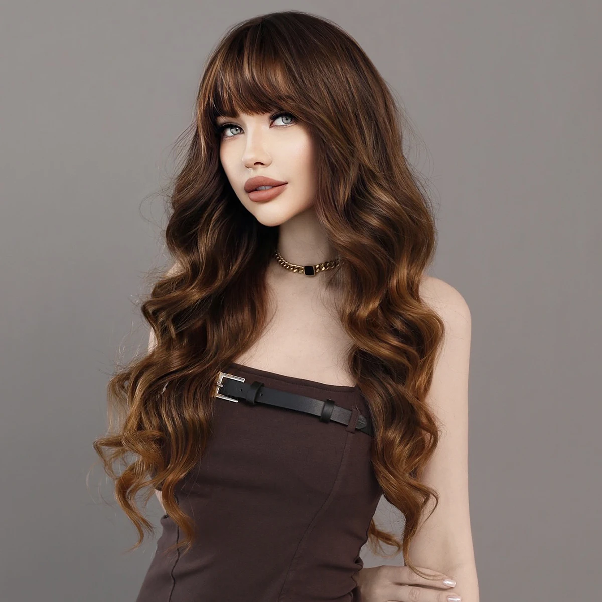 

7JHH WIGS Routine Wigs Long Curly Wave Dark Brown Wigs with Bangs Layered Fluffy Heat Resistant Synthetic Hair Wig for Women