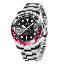 Elegant LIGE Men's Luminous Stainless Steel Quartz Luxury Watch - Waterproof Business Timepiece (Silver red)