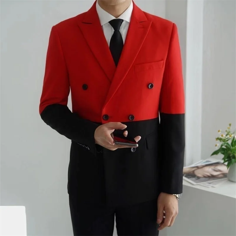 Black Half Red White Men Blazer Hombre Double Breasted Blazer Masculino Slim Fit Wedding Prom Stylish Splice Men Blazer Homme black blazer for men