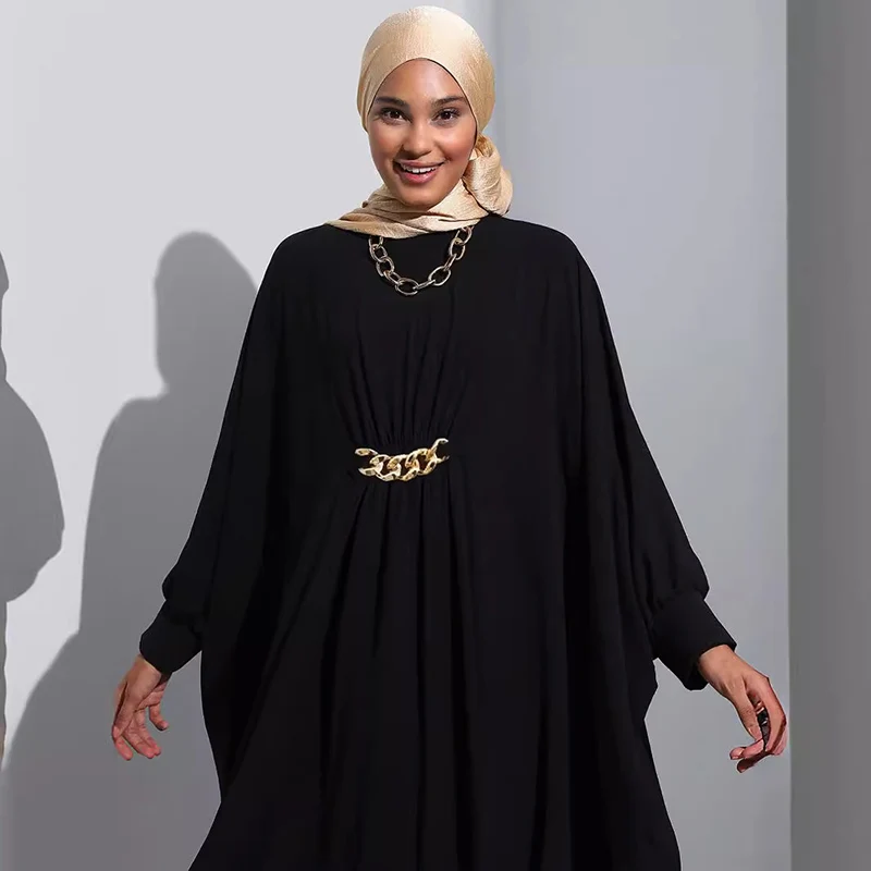 Simple Casual Black Muslim Robe Loose Pullover Women's Clothing Middle Eastern Abaya Golden Chain Bat Long Sleeves Female Dress