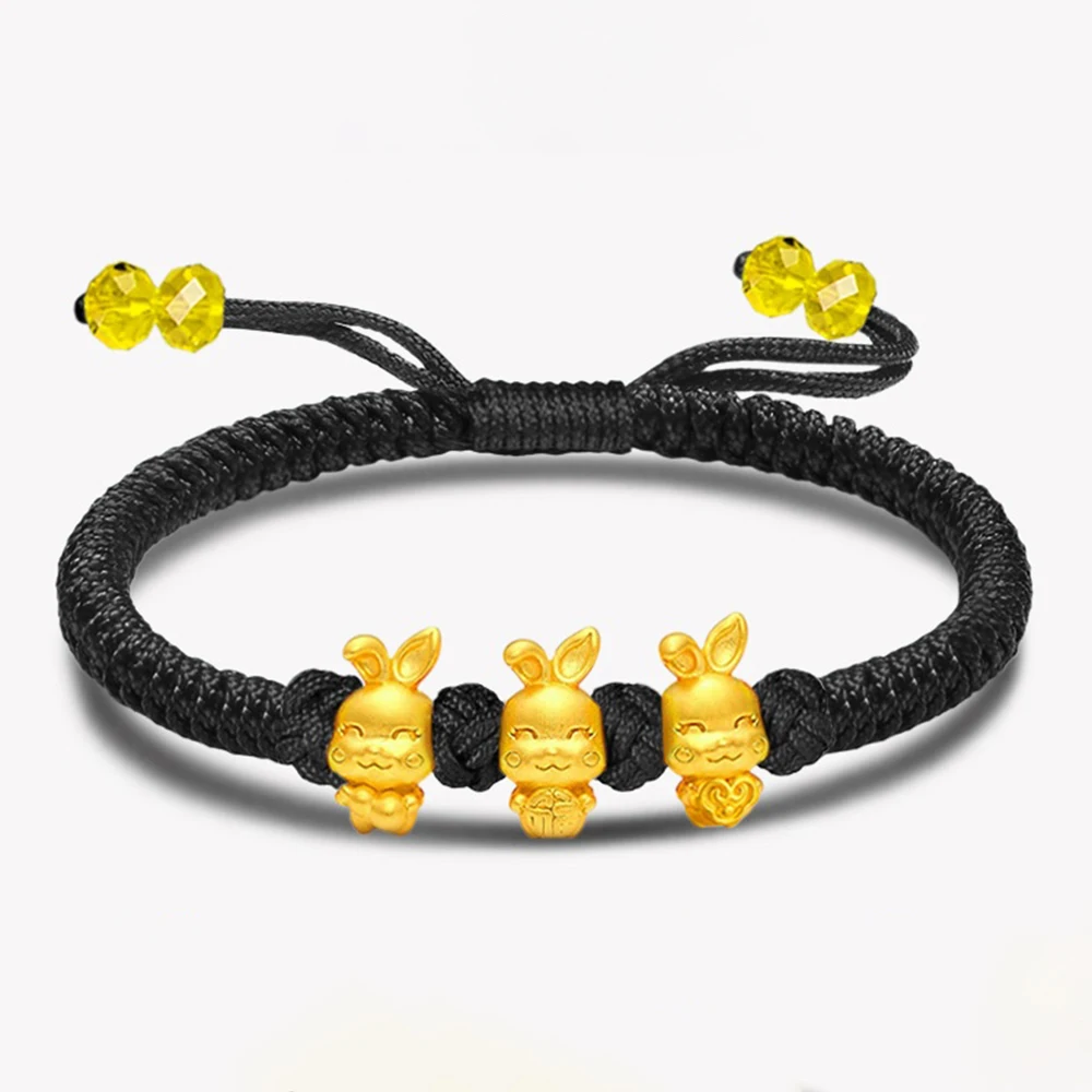 

Real 24K Yellow Gold Bracelet 3D Lovely Three Rabbit Bead Black Cord Knitted Bracelet