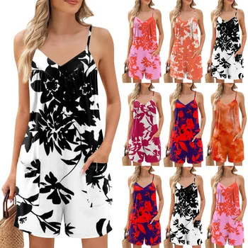 Summer Beautiful Colourful Floral Printing Daily Streetwear Playsuit Fashionable Casual Sleeveless Jumpsuit Shorts With Pockets 5