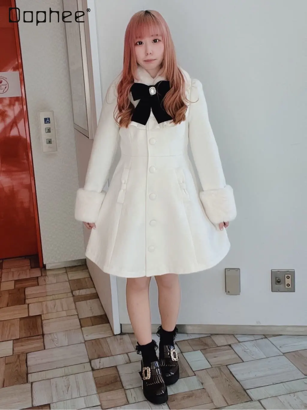 

Japanese Style Sweet Woman Winter Woolen Jacket Lolita Cute Long Sleeve Single Breasted Bow White Trench Coat for Women