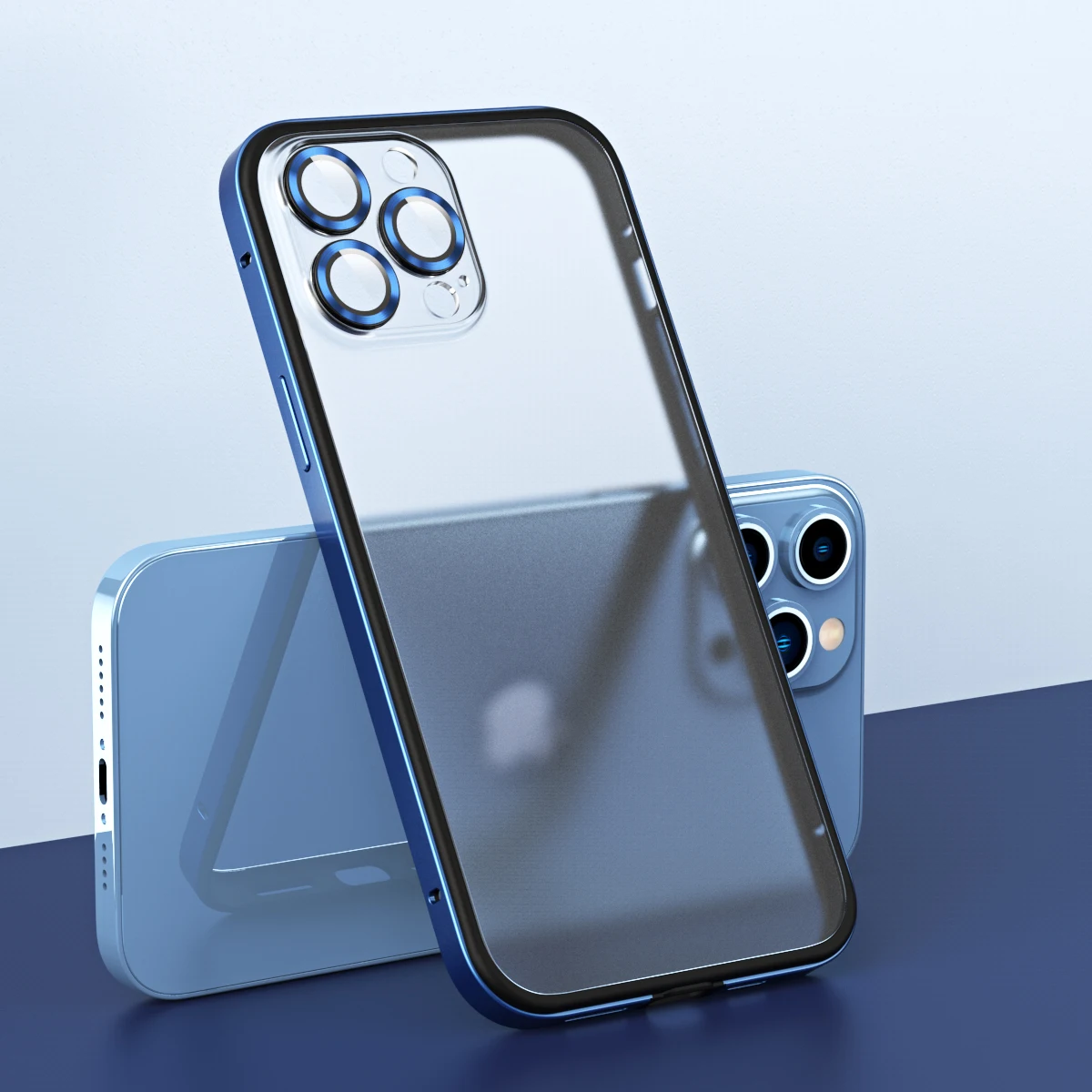 Funda rígida iPhone 14 Pro Max con protector de cámara metal (azul)