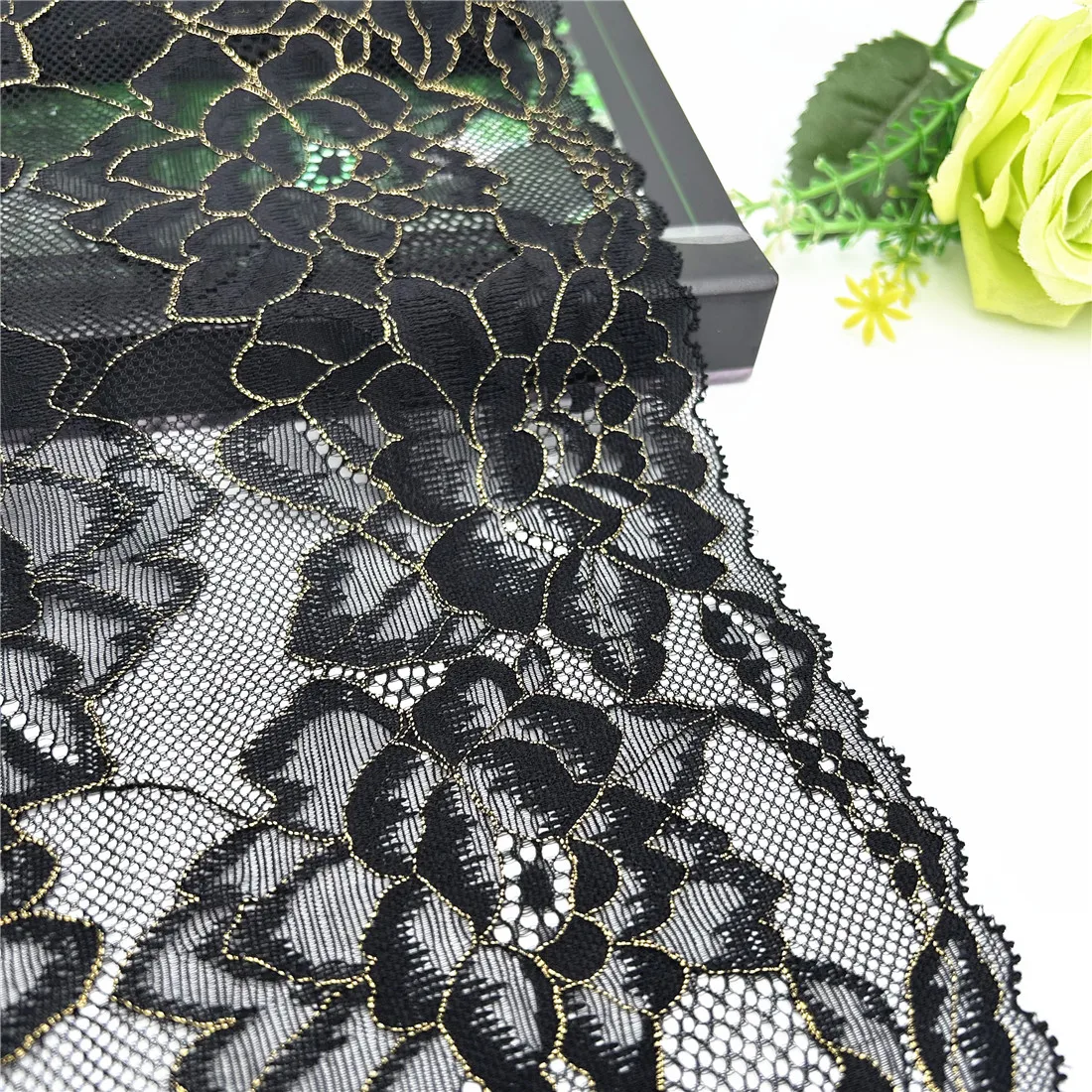 3y/lot Width 21cm Black Gold Elastic Lace Trim 2