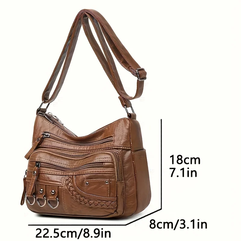 Women'S Large Capacity Shoulder Crossbody Bag, Multi Layer Zipper Pocket Synthetic Handbag Purse with Golden-Tone Hardware