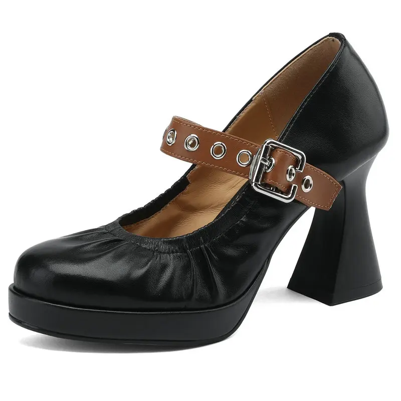 

Fashion Mixed Color Women Sheepskin Leather Pumps Super High Thick Heels Buckle Strap Platform Round Toe Dress Party Shoes