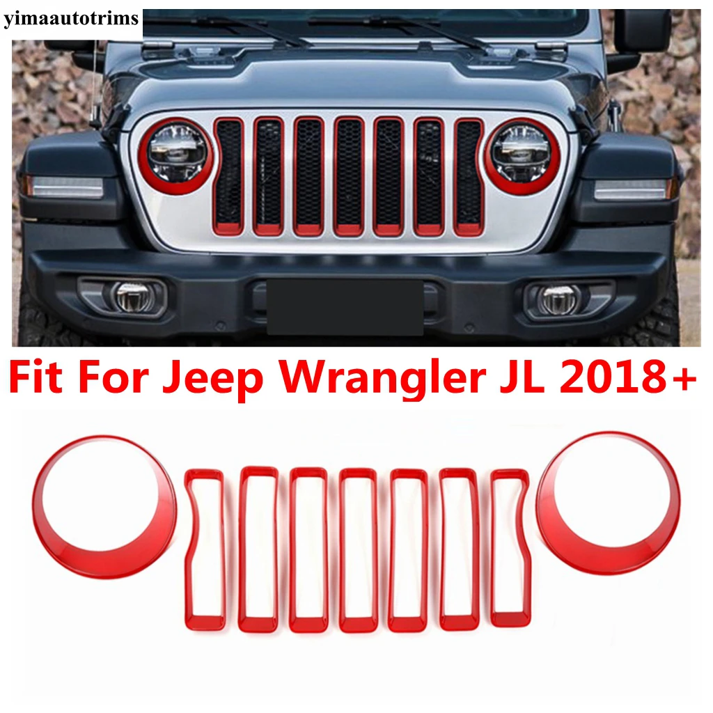 

Передняя решетка радиатора для Jeep Wrangler JL 2018-2022, решетка рамы, фары, лампы, кольцо, декоративная крышка, отделка ABS, черные, красные аксессуары