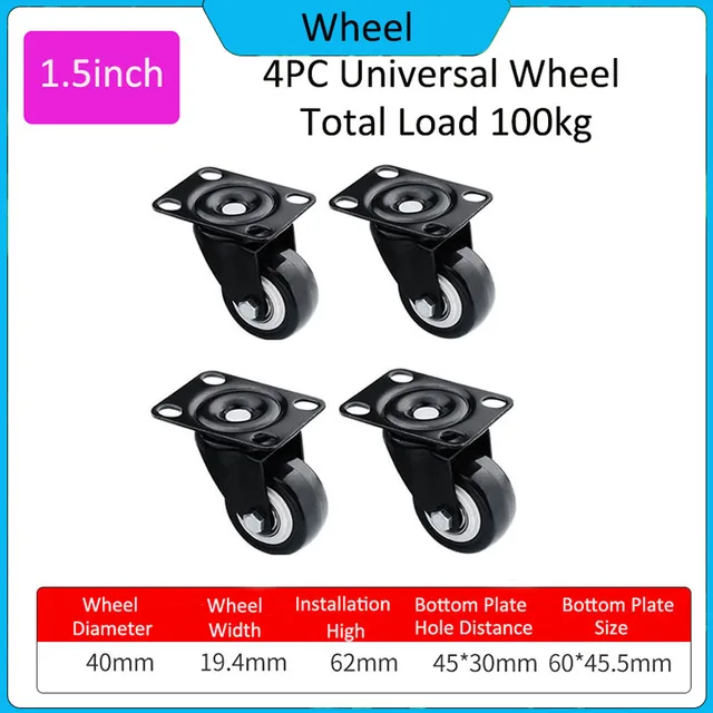 4Pc 1,5 Hüvelykes Univerzális Bútorok Görgők Kerékirányú Fékkerekek Sima 360 Fokos Forgó Néma Hardver Terhelése 100 Kg - Image 6
