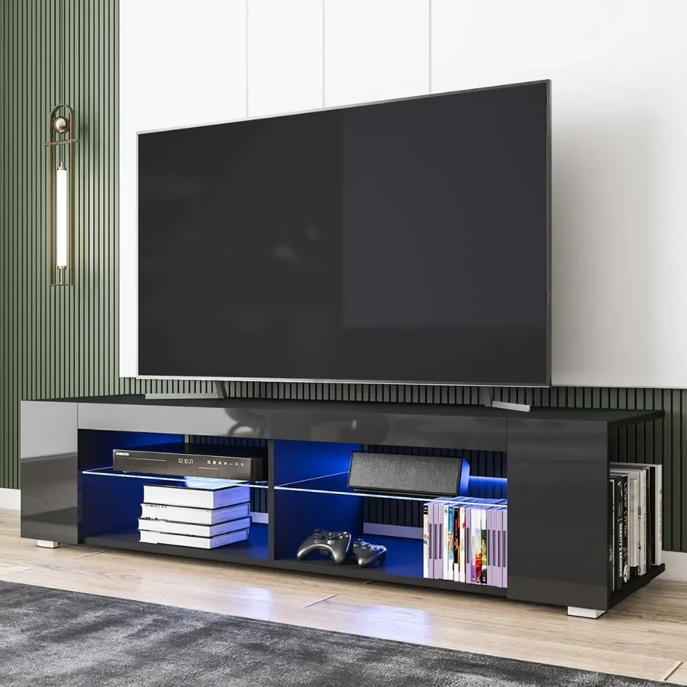 

TV Cabinet Stand, 65 Inch with LED Lights, with Glass Shelf, Hidden Side Bookshelf, Small TV Console, TV Stand