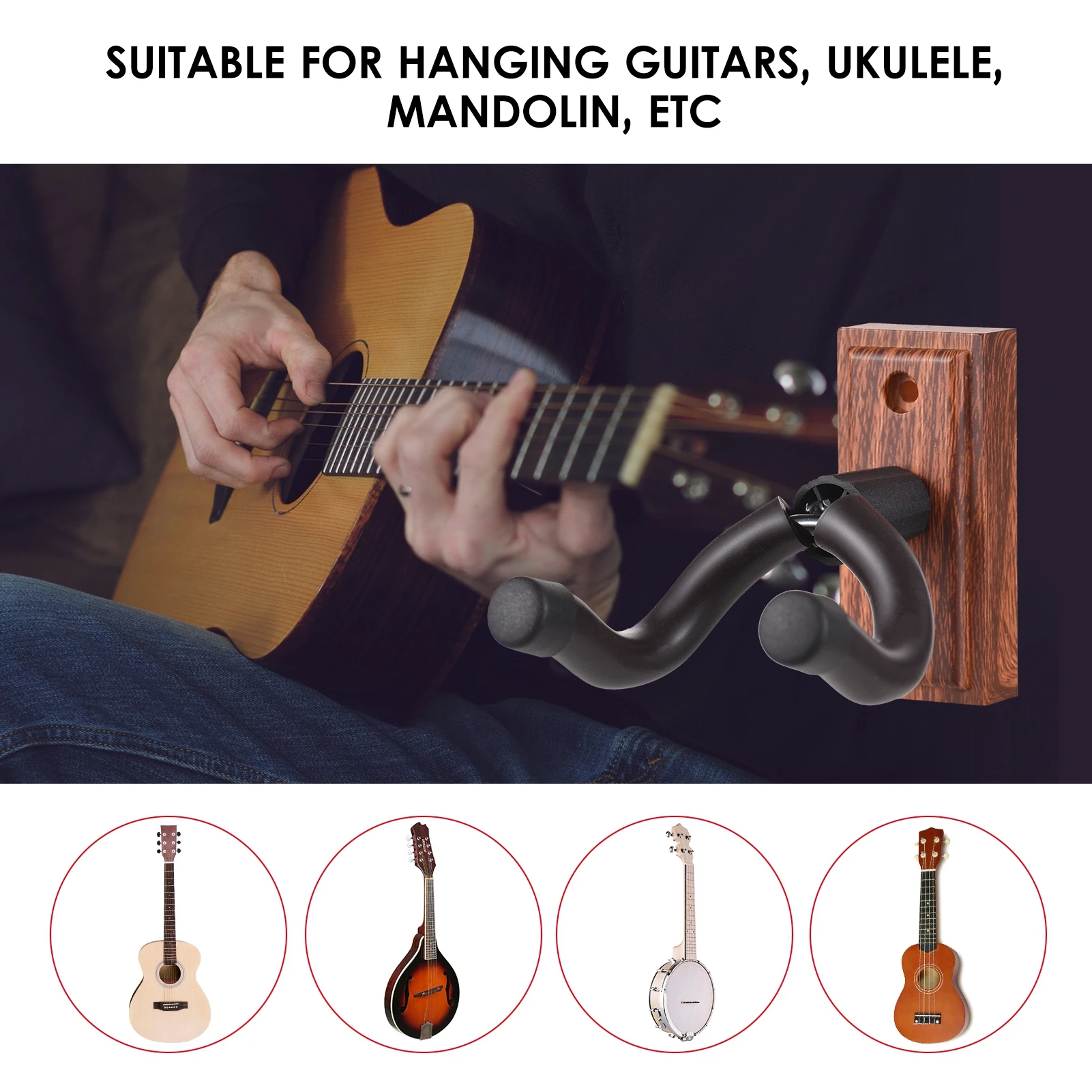 Soporte De Pared Para Guitarra (Pack De 2) | Madera De Nogal Negro, Gancho Ajustable | Para Guitarra Acústica, Eléctrica Y Bajo