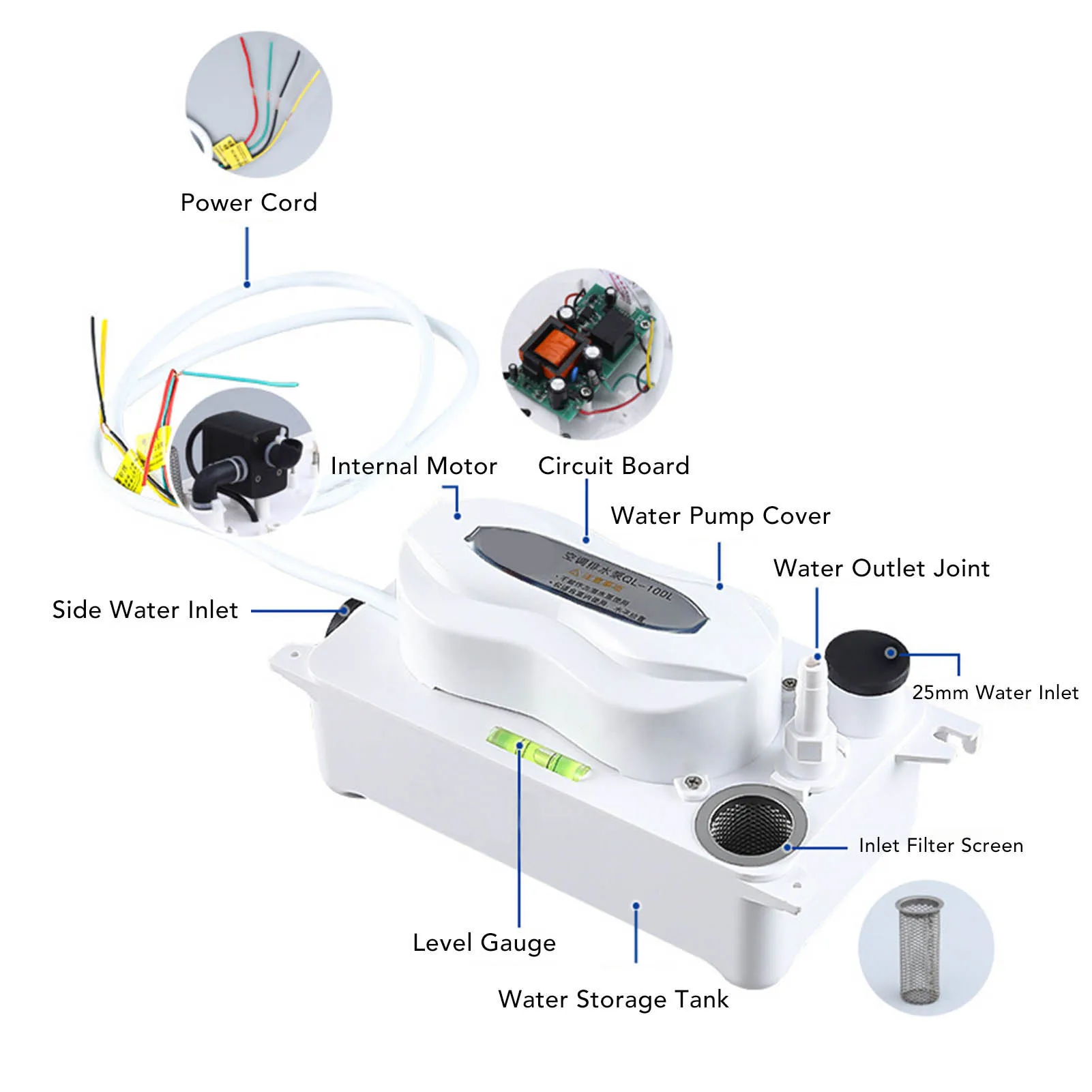 HVAC Water Drain Pump Air Conditioning Drain Pump HVAC Condensate Removal with 600ml Storage AC110-240V 100L/H