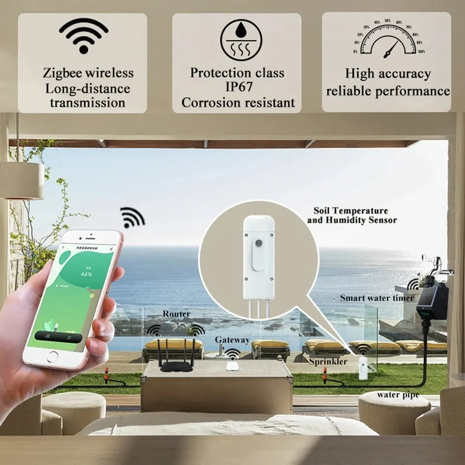 Tuya Zigbee Smart Water Valve Controller Sprinkler Drip Irrigation System and Tuya Zigbee Soil Moisture and Temperature Sensor garden watering timer,soil tester,electric shut off valve,temperature humidity sensor,temperature humidity meter