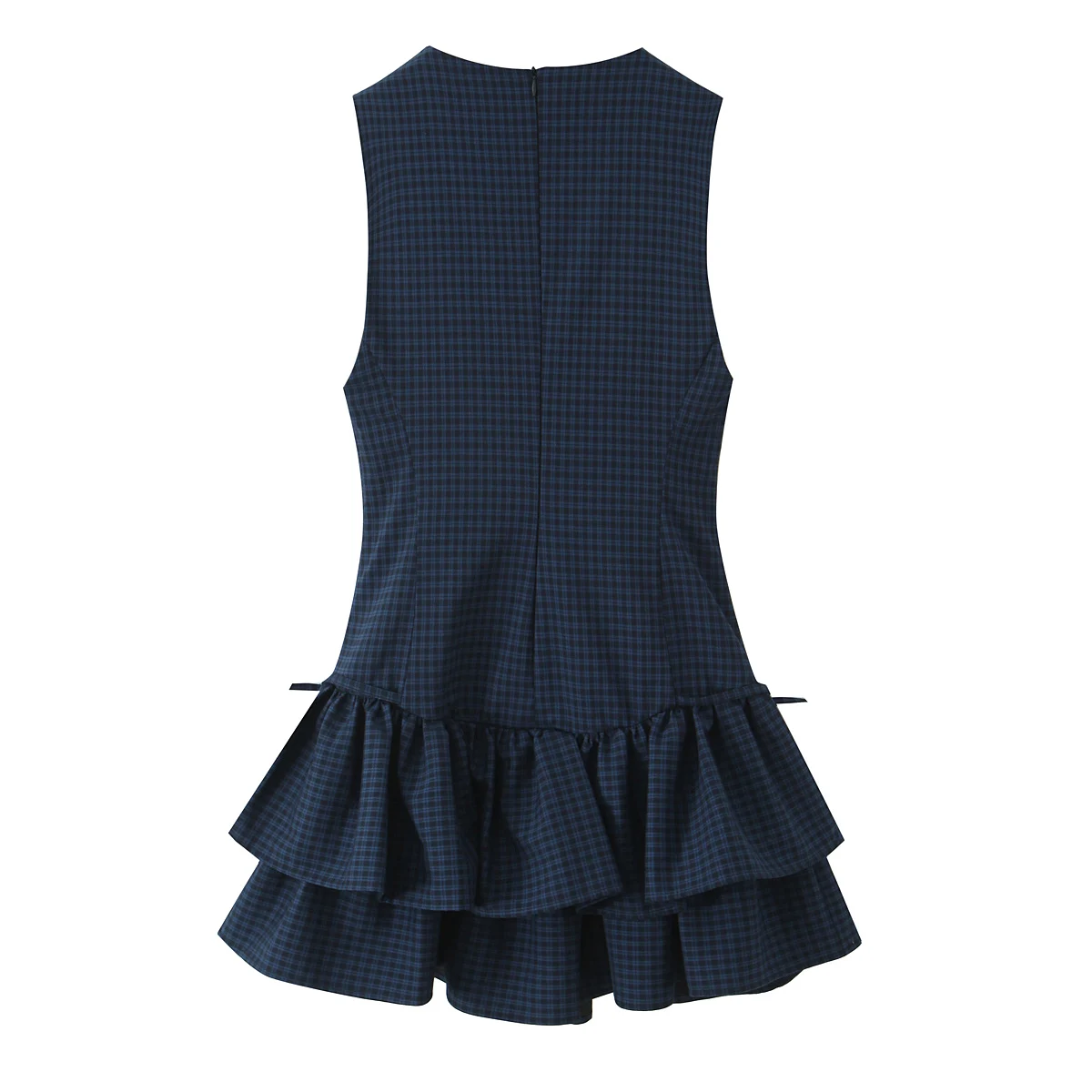 Women O-Neck Sleeveless Nipped Waist Slim Layered Ruffles Splice Fashion Elegant Plaid Hot Girl Sexy Vest Mini Female Dress