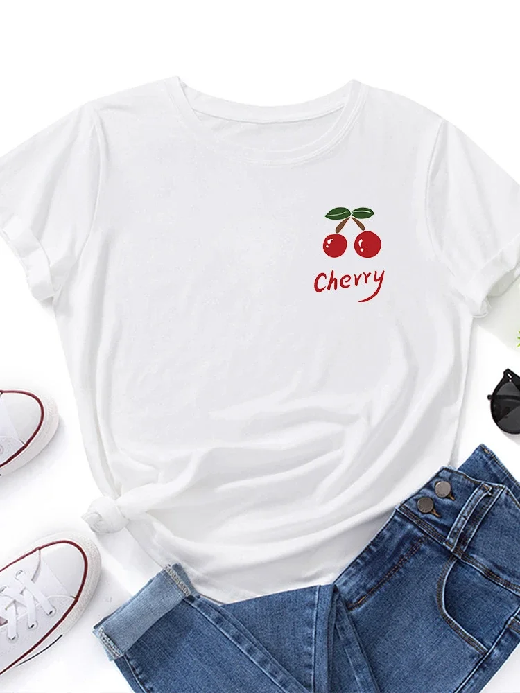 가슴에 레드 체리 프린트 여성 T 셔츠 반팔 O 넥 느슨한 여성 Tshirt Ladies Tee Shirt Tops Camisetas Mujer