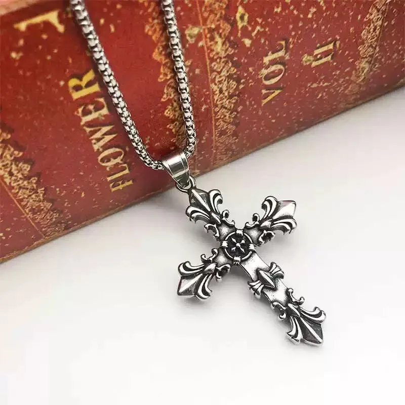 Stainless Steel Jewelry Set Men Unisex Vintage Cross Pendant Necklace Bracelet Sets Punk Streetwear