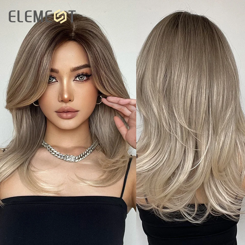 ELEMENT Synthetic Wig Medium Wavy Hair Ombre Brown Blonde Wigs for ...