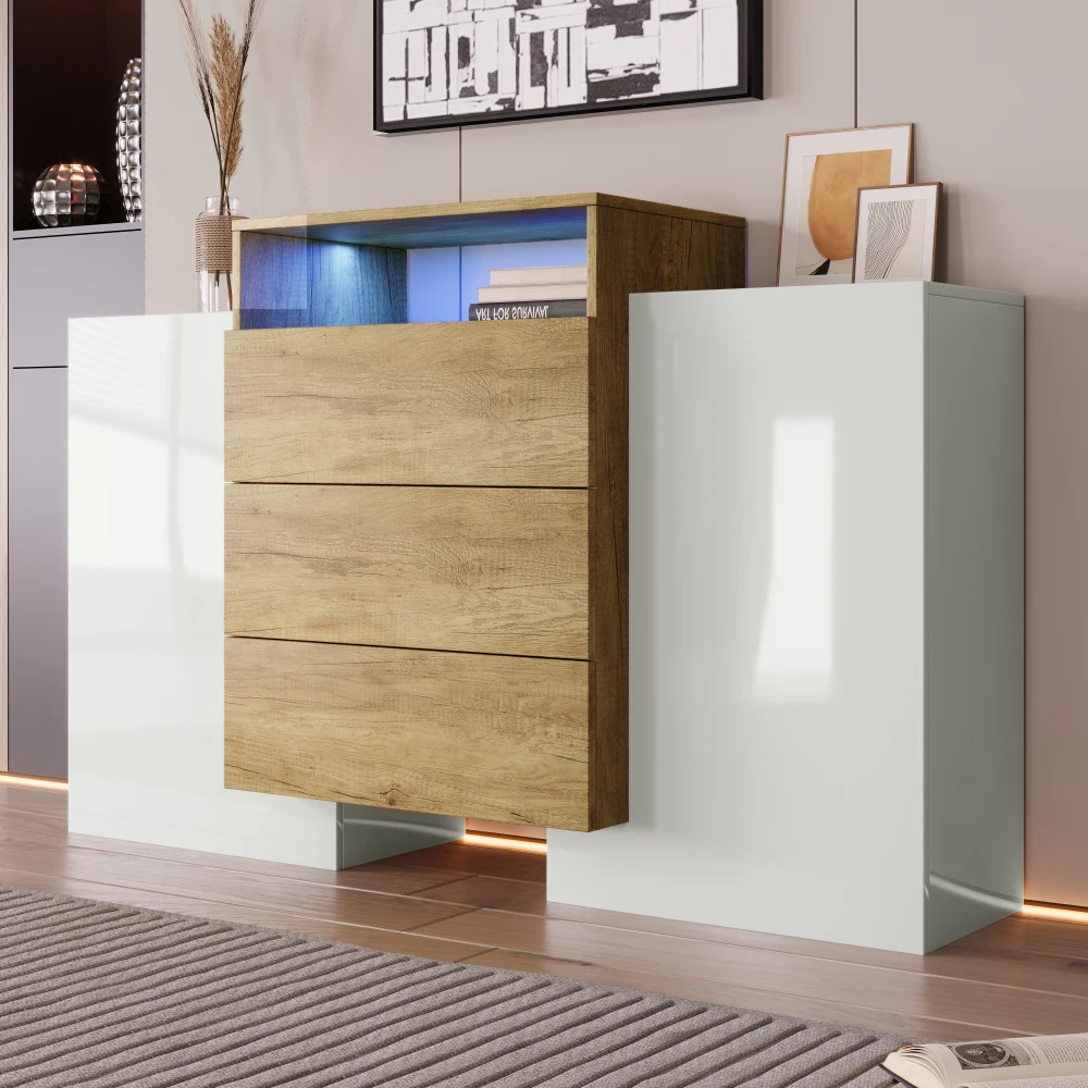 PINGGO Modernes Sideboard Hochglanz Weiß Holzfarben Kommode Mehrfarbige LED-Lichteffekte Stilvolle Aufbewahrungslösung – Detail 2