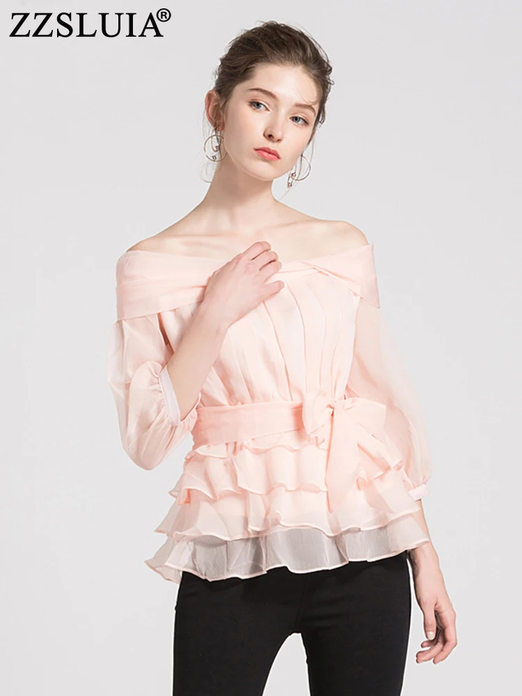 

ZZSLUIA Slash Neck Off The Shoulder Slim Shirts Fashion Layer Ruffles Deigner Lacing Blouses Three Quarter Sleeve Shirring Tops