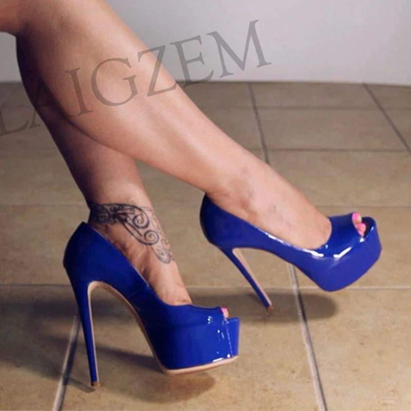 

LAIGZEM Women Heels Patent Shoes Women Pumps Platform High Heels Evening Dress Club Peep Toe Tacones Mujer Large Size 34 41 4552