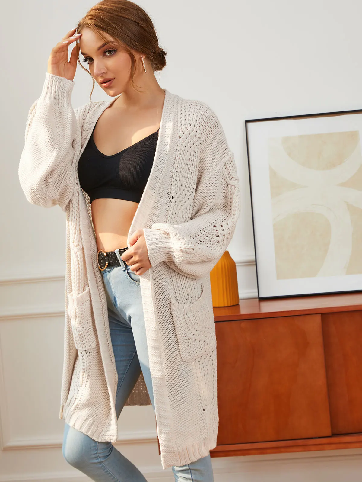 

ZAFUL Cable Knit Pockets Laantern Sleeve Cardigan Casacos Femininos Inverno Argyle Sweater Winter V-Neck Sueters De Mujer Pull