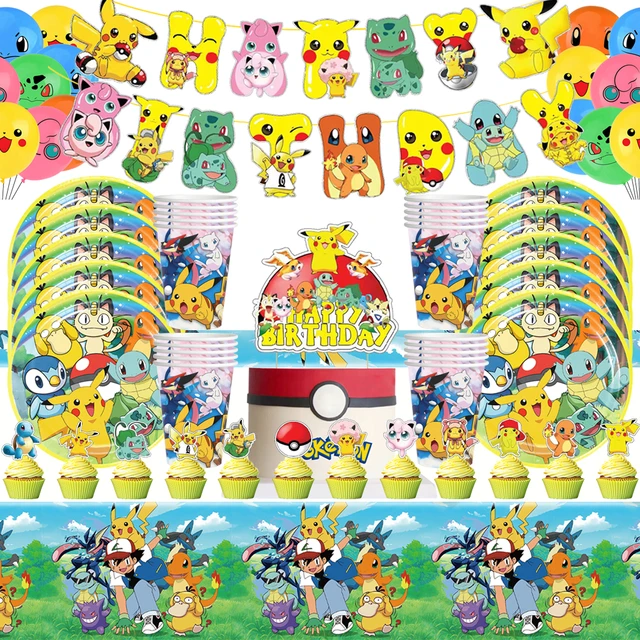 Cadeaux de fête Pokemon pour enfants, décoration d'anniversaire, vaisselle  britannique, nappe, tasse en papier, assiette, Pikachu Rick, fournitures de