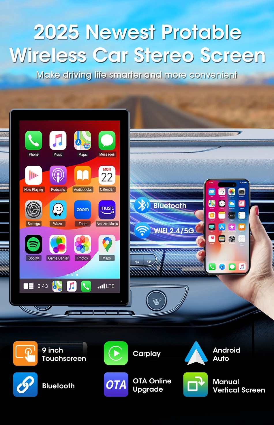 7/8/9 بوصة دعم التوجيه والصورة راديو مرآة السيارة اللاسلكي Carplay أندرويد السيارات الوسائط المتعددة مشغل فيديو شاشة عالمية