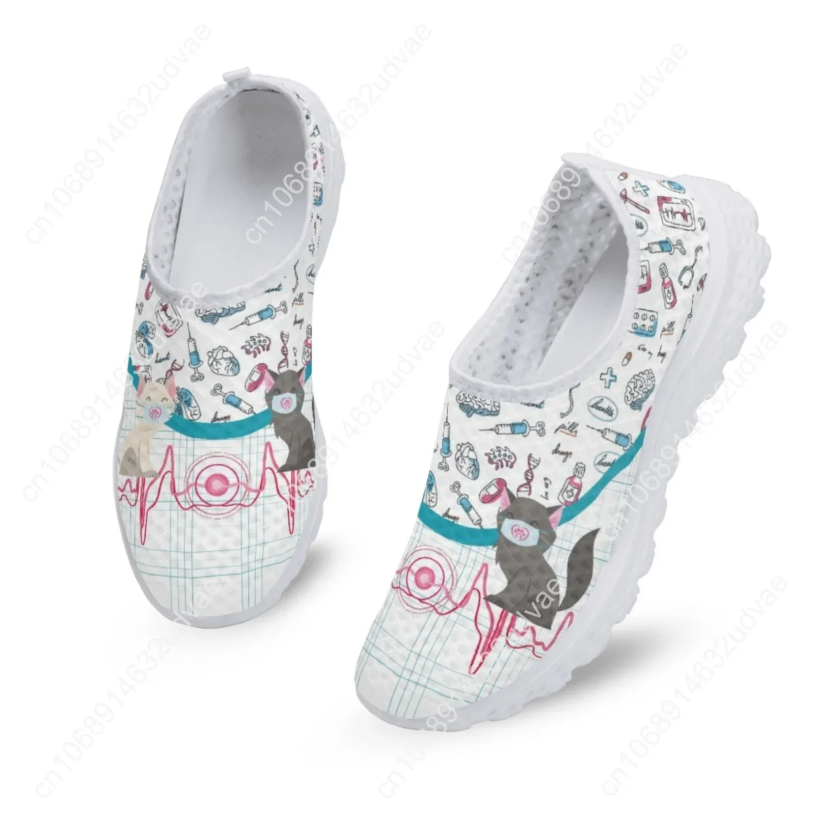 Cute Cat and Medical Tools Cartoon Female Flat Shoes ECG Cats With Mask Printed Women Mesh Sneakers Slip-on Loafers