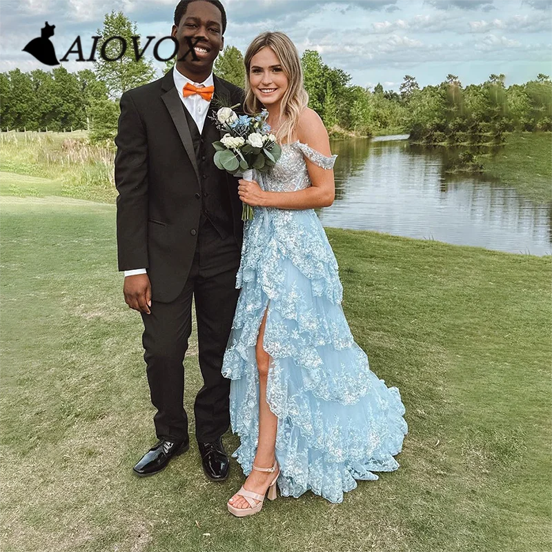 

AIOVOX Elegant Illusion Prom Dress Light Blue Appliques Sequin Evening Gown Sweetheart Floor-length Vestido De Noche for Women