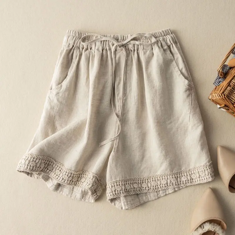 Summer Women Vintage Lace Patchwork High Waist Cotton Linen Short Pants Female Simple Casual Streetwear Loose Y2K Beach Shorts