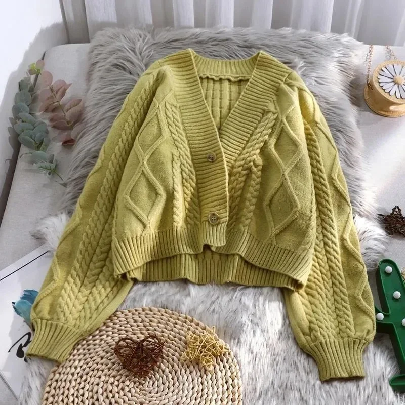

Korean Fashion Loose Casual Sweater Spring Autumn Lantern Sleeve V-Neck Short Jacket Sweet Solid Color Women Knit Cardigan X1119