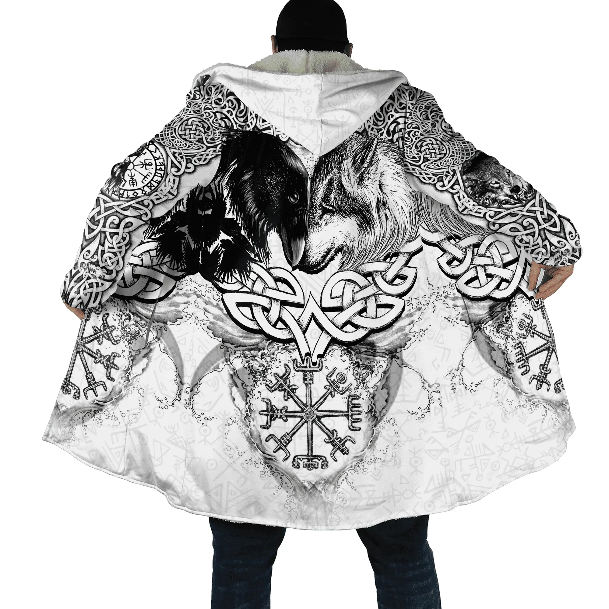 Herren-Umhang Fenrir Wolf Tattoo Vegvisir Rune Tribal 3D-gedruckter Fleece-Kapuzenumhang Unisex Lässiger dicker warmer Cape-Mantel PF81 – Detail 11