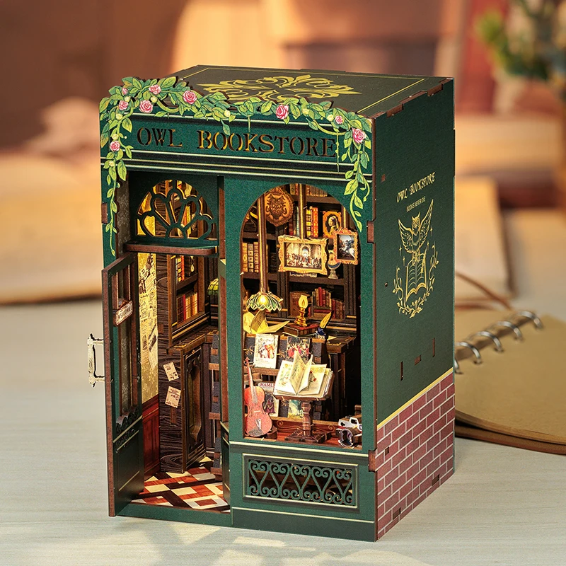 CUTEBEE DIY Book Nook Kit Miniature Wooden Dollhouse with Lights Bookshelf Insert 3D Puzzle Decor Model for Gifts Owl Bookstore 3