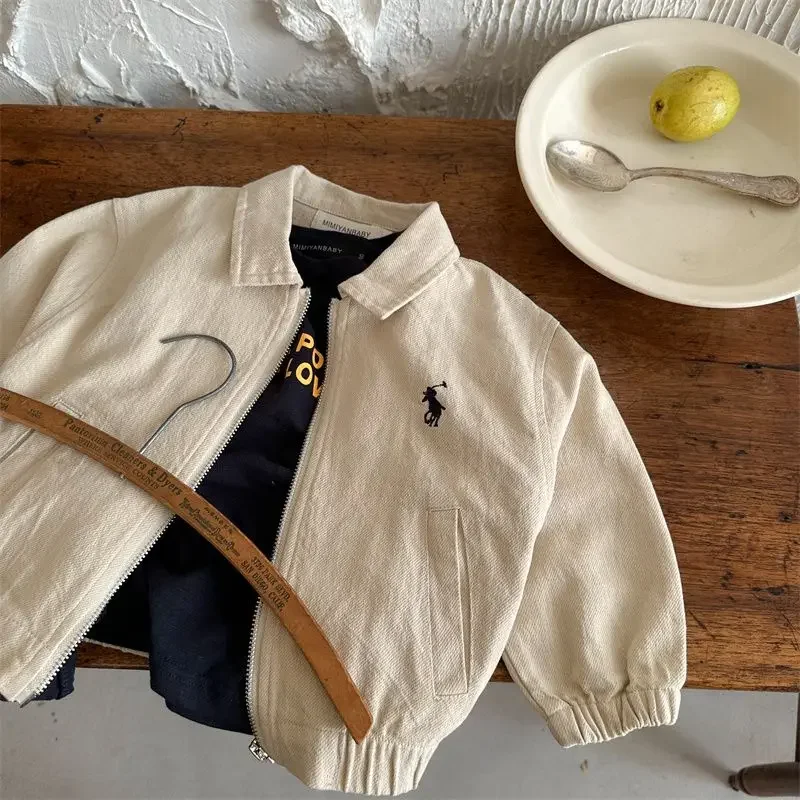 2-7Y Children Cotton Coat Jacket Spring Autumn Boys Girls Japanese Embroidered Flip Collar Short Zipper