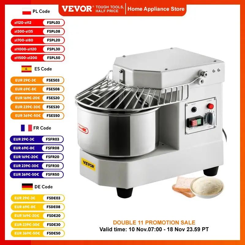 VEVOR Commercial Food Mixer, 8.5Qt Capacity, 450W Dual Rotating Dough Kneading Machine with Food-grade Stainless Steel Bowl