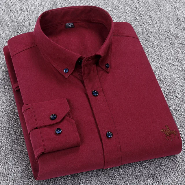 100% Cotton Oxford Shirt Men's Long Sleeve Embroidered Horse Casual Without Pocket Solid Yellow Dress Shirt Men Plus Size 5XL6XL Wine Red