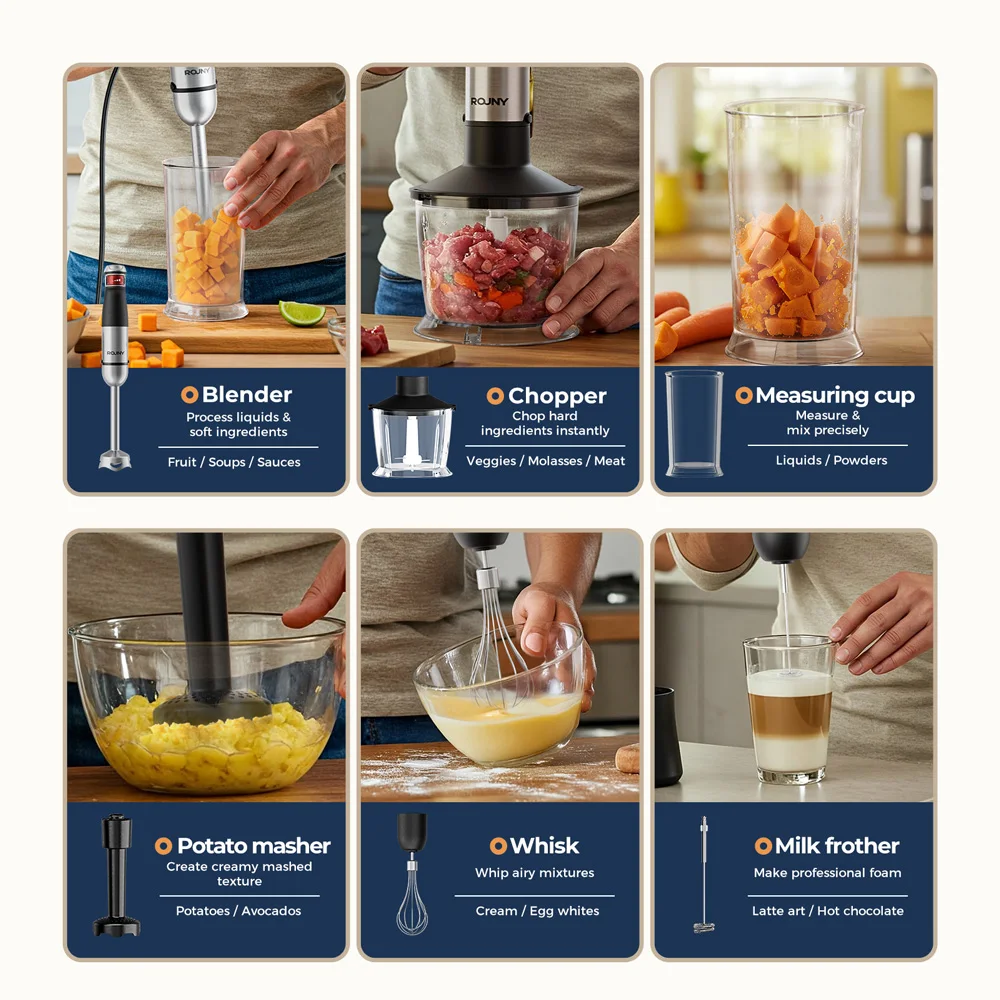 ROUNY 6-in-1 Multi-Purpose Immersion Hand Blender, Max 1500W Stick Blender with Stainless Steel Blades for Home and Kitchen 4