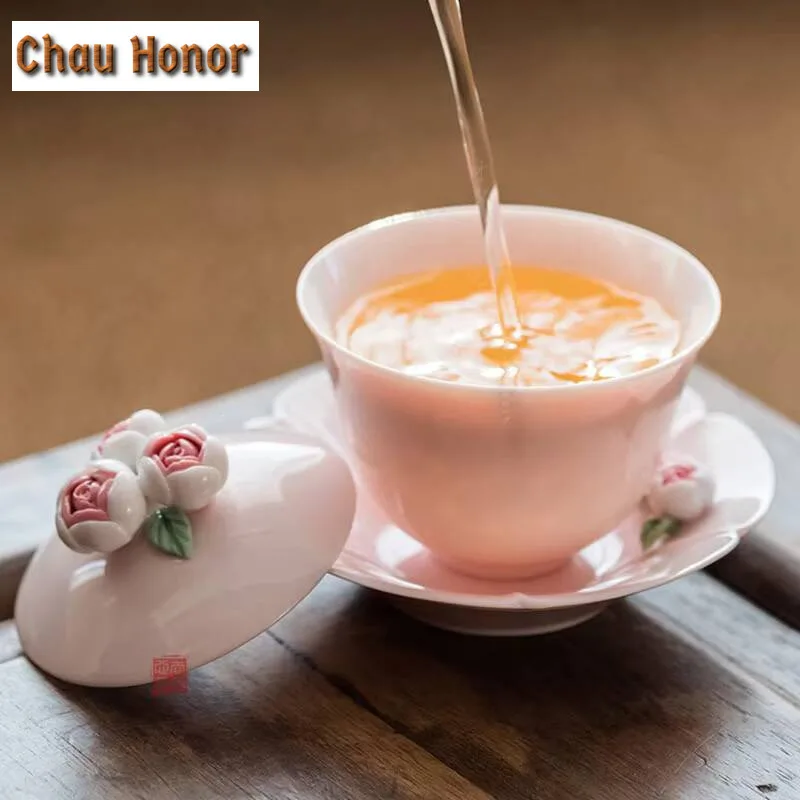 100ml Jade Mud Powder Hand Pinching Flowers Sancai Covered Bowl Ceramic Household Tea Bowl Kung Fu Tea Set Infuser Accessories