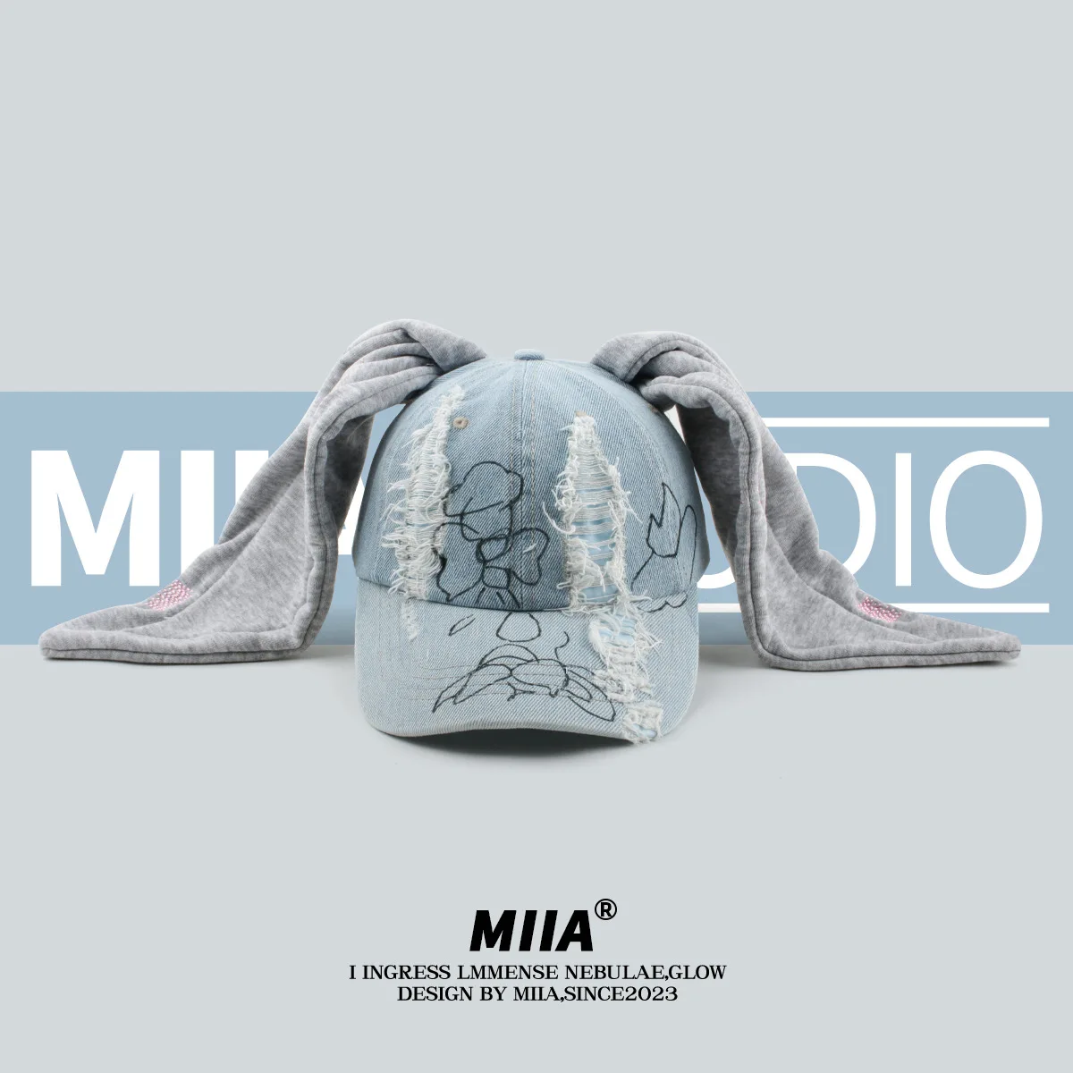 NewJeans MinJi Haerin OMG Stage Long Rabbit Ear Hat Y2K Style Blue Denim Baseball Cap Fashion Hip-Po