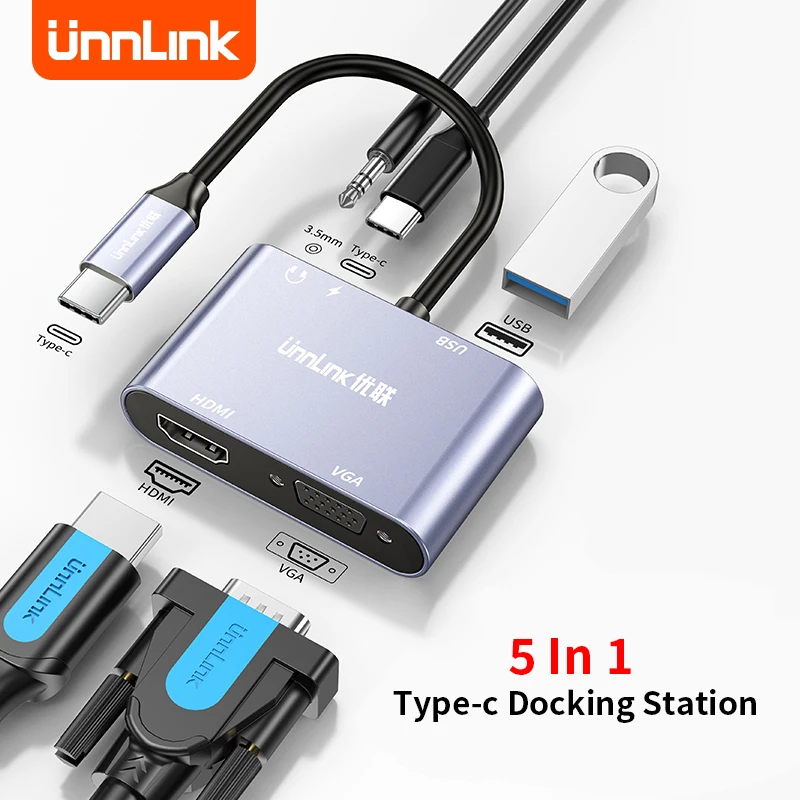 

USB-концентратор Unnlink Type C на 4K HDMI, VGA, USB 3,0, разъем 3,5 мм, 55 Вт