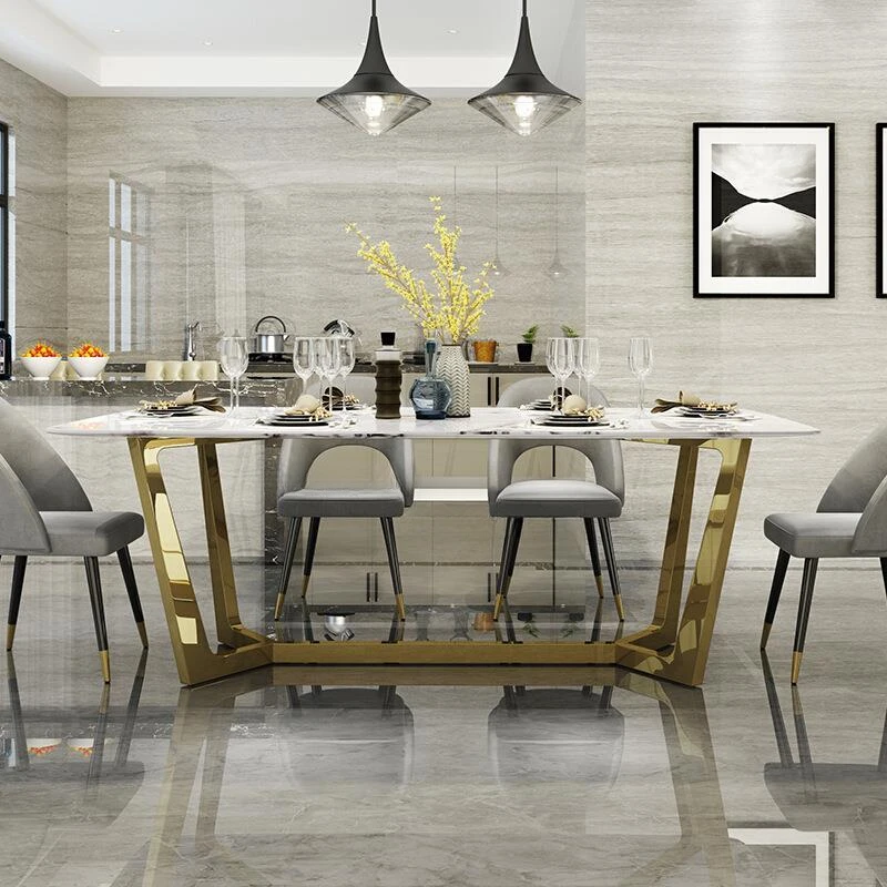 Description Picture 4 of itemMavisun Nordic Stainless Steel Dinette Combination Simple Designer Creative Luxury Rectangular Marble Dining Table With 6 Chairs