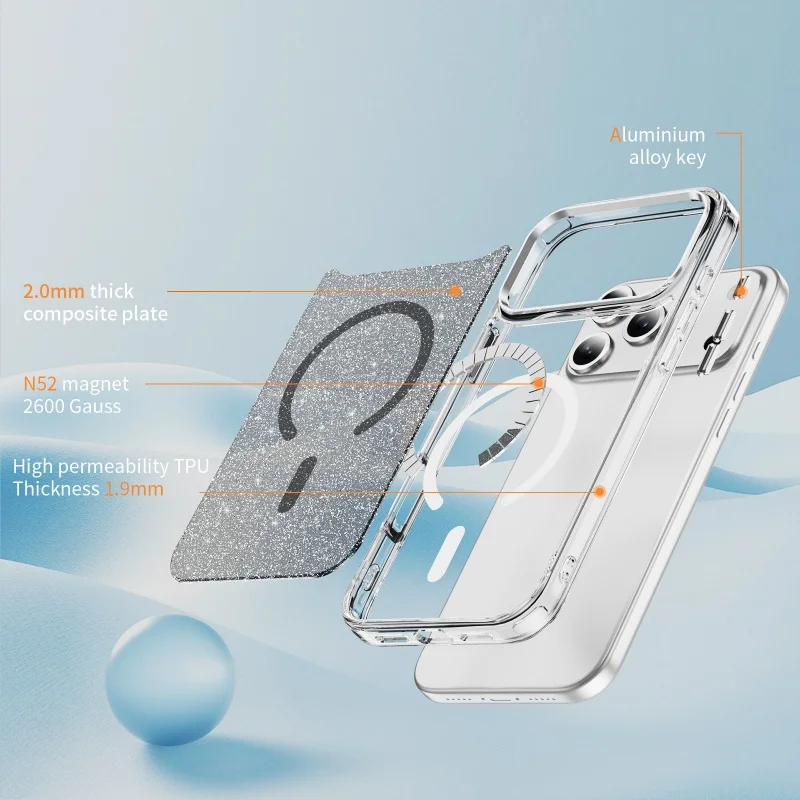 Glitter Clear MagSafe Magnetic Phone Case with Alloy Buttons and Anti-Fall Protection