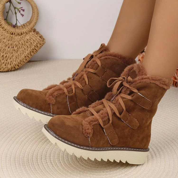 Lace-up Front Soft-soled Cotton Boots Winter New Round Toe Suede Anti-slip Wear-resistant Short-thigh Boots