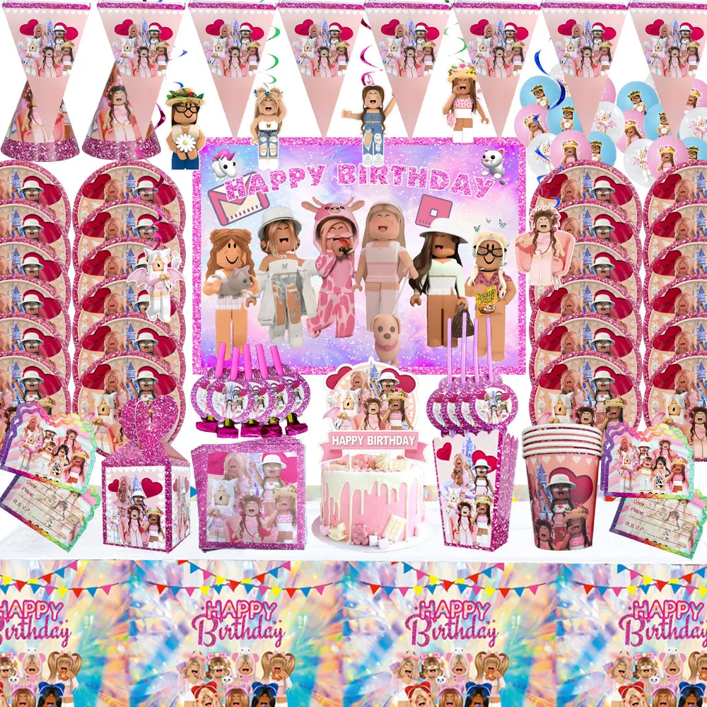 

Pink Robloxed Themed Birthday Party Decoration Disposable Tableware Balloon Plate Cup Napkin tablecloth for Kid Girl Baby Shower