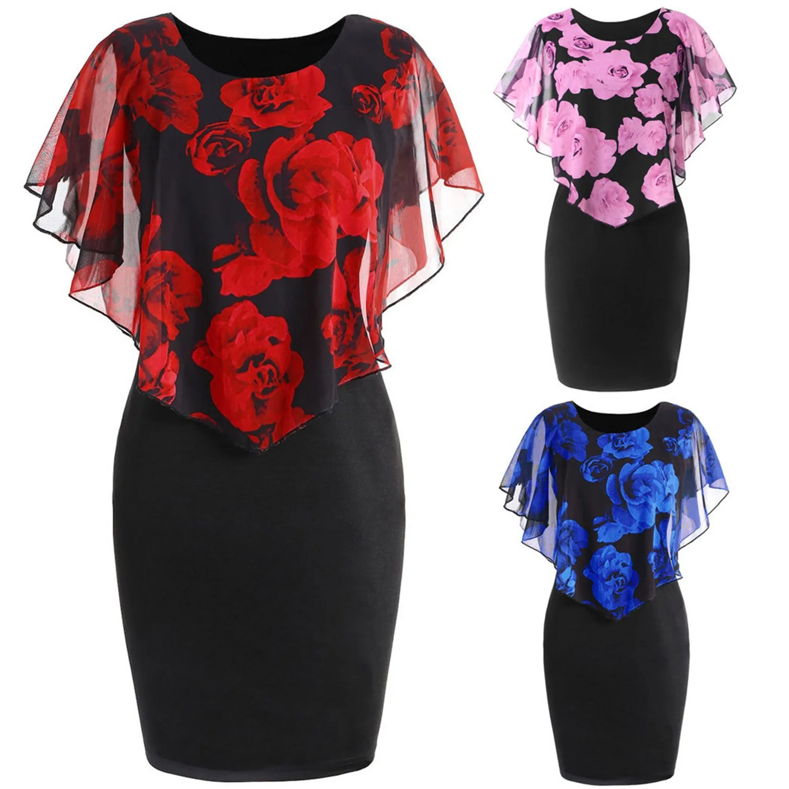 

Fashion Womens Casual Rose Print Chiffon O Neck Ruffles Mini Dress Woman Dresses Elegant